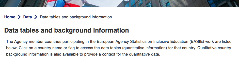 image depicting the Breadcrumb trail on the ‘Data tables and background information’ webpage