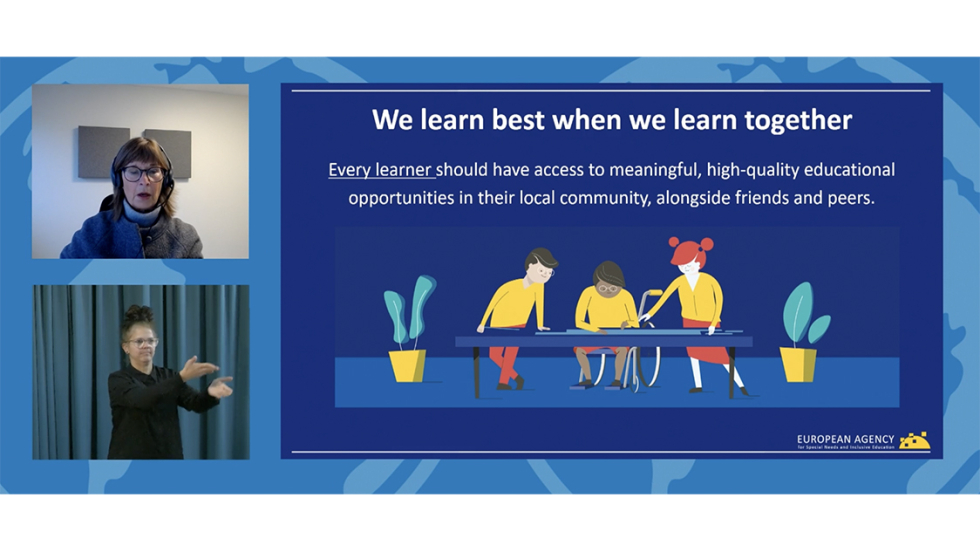 A screenshot of an online meeting, with two people on the right – a speaker and a sign language interpreter – and a slide on the left showing some animated figures, the Agency logo and the words 'We learn best when we learn together'