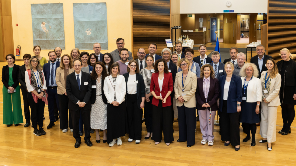 Participants at the implementation dialogue event. EASNIE Director João Costa is in the centre of the group. A large group of people stand in a hall, smiling at the camera