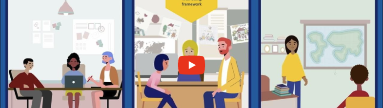 Still from the BRIES video showing animated learners and teachers in a classroom