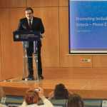 Minister of Education, Kyriakos Pierrakakis, delivers his opening speech at the conference, with Giannis Bousdounis, Director of the Department of Special Needs, seated to his right